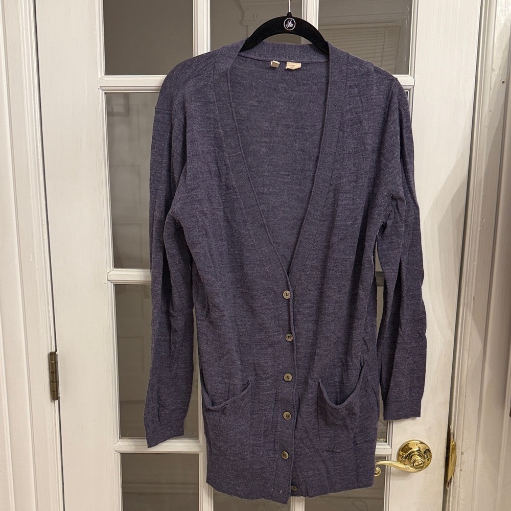 ANTHROPOLOGIE MOTH Women's Blue Wool V-Neck Button Down Long Cardigan Sweater
